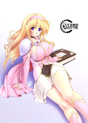  blonde_hair book breasts cape copyright_request elbow_gloves female gloves gunner-l huge_breasts long_hair purple_eyes solo 