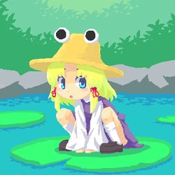  between_legs blonde_hair blue_eyes blush_stickers brown_footwear brown_hat commentary female foliage full_body hair_ribbon hand_between_legs hat jaggy_lines kneehighs lily_pad loafers long_sleeves looking_to_the_side lowres medium_hair moriya_suwako oekaki outdoors parted_lips pond purple_skirt purple_vest red_ribbon ribbon rock roku_(warrock) shoes sideways_glance sitting skirt skirt_set socks solo touhou vest water white_socks wide_sleeves 