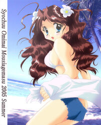  beach bikini blue_bikini blue_eyes blue_shorts brown_hair day denim denim_shorts female kadoi_aya kakyuusei_2 long_hair outdoors photoshop_(medium) shirai_yuuri shorts solo swimsuit 