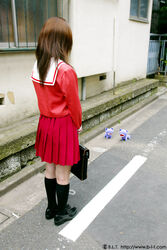  azumanga_daioh&#039;s_school_uniform azumanga_daiou black_socks blt briefcase brown_hair cosplay cosplay_photo day female full_body hayakawa_saki holding kamineko kneehighs loafers long_hair long_sleeves outdoors photo_(medium) pink_serafuku pink_shirt road sailor_collar sakaki_(azumanga_daioh) school_briefcase school_uniform serafuku shirt shoes socks solo_focus standing street winter_uniform 