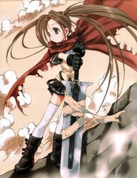  bandages black_gloves blue_eyes boots brown_hair cloak cloud duplicate female gloves melty_bagle miniskirt nanase_aoi petit_monster photoshop_(medium) skirt sky solo standing sword thighhighs torn_clothes twintails weapon white_thighhighs zettai_ryouiki 