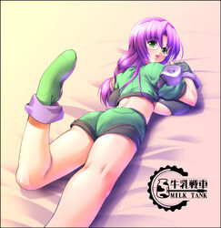  :d ass back backboob bed blush boots braid breast_press breasts crop_top female fingerless_gloves from_behind glasses gloves green_eyes green_footwear green_shorts gunner-l huge_breasts kneepits leg_up legs long_hair looking_back lunar_wing lying on_stomach open_mouth purple_hair shiny_clothes short_shorts shorts single_braid smile solo tyrol underboob 