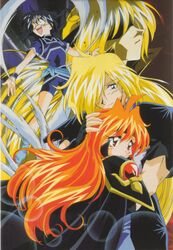  1990s_(style) 3boys armor black_hair blonde_hair blue_eyes blush cape couple female flat_chest gourry_gabriev hair_over_one_eye headband hellmaster_phibrizzo highres lens_flare lina_inverse long_hair lord_of_nightmares miyata_naomi multiple_boys orange_hair outstretched_arms red_eyes retro_artstyle scan slayers slayers_next smile spandex spread_arms straight surprised very_long_hair wristband 