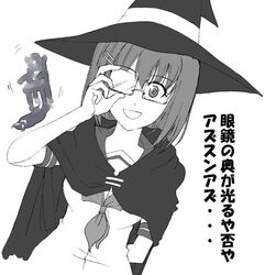  cloak decarabi female glasses greyscale hat honami_takase_ambler monochrome rental_magica school_uniform solo 