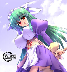  :d apron blush breasts cloud corset covered_nipples day dress female gradient_hair green_hair gunner-l hair_ribbon huge_breasts impossible_clothes lipstick long_hair lunar_wing maid maid_headdress makeup multicolored_hair nelly_(lunar_wing) open_mouth outdoors red_eyes ribbon sky smile solo standing thighhighs very_long_hair zettai_ryouiki 