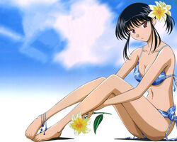  bikini black_hair blue_bikini day female flower hara_yumiko legs long_legs polka_dot polka_dot_bikini red_eyes school_rumble short_hair side-tie_bikini_bottom solo swimsuit tsukamoto_yakumo 