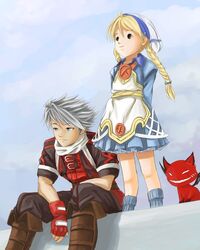  1boy ahoge arms_behind_back black_eyes blonde_hair boots braid buttons chito_(field_of...) cloud day demon dorothy_(over_zenith) dress feel female fingerless_gloves gloves grey_eyes grin hat knee_boots lolicon long_hair outdoors over_zenith scarf shadow short_dress short_hair sitting sky smile socks spiked_hair standing strap toto_(over_zenith) twin_braids white_hair wings 