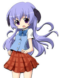  :d aikei blue_bow blue_bowtie bow bowtie buttons female hanyuu higurashi_no_naku_koro_ni light_purple_hair long_hair looking_at_viewer open_mouth plaid plaid_skirt pleated_skirt purple_eyes red_skirt school_uniform serafuku short_sleeves simple_background skirt smile solo white_background 