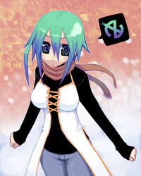  :o @_@ aqua_hair bad_link black_sweater blue_hair blurry blurry_background blush breasts brown_scarf cowboy_shot denim dress elbow_gloves female ginkgo_leaf gloves gradient_hair green_hair hair_between_eyes jeans kurakumo_nue leaf long_sleeves looking_at_viewer medium_breasts multicolored_hair open_mouth original pants salami_(kurakumo_nue) scarf shoes solo speech_bubble standing sweater white_dress 