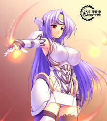  armor asymmetrical_legwear blue_hair breasts cowboy_shot elbow_gloves expressionless female fingerless_gloves fire gloves gunner-l headgear huge_breasts kos-mos leotard long_hair magic mismatched_legwear red_eyes solo thighhighs xenosaga 