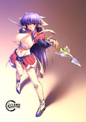  alicia_(lunar_wing) bandeau blue_hair blush breasts bridal_gauntlets bursting_breasts cleavage crop_top female front-tie_top gunner-l hair_ribbon high_heels huge_breasts long_hair lunar_wing midriff navel panties pleated_skirt pointy_ears polearm purple_panties red_eyes ribbon shadow shoes skirt smile solo spear standing thighhighs underwear very_long_hair weapon 