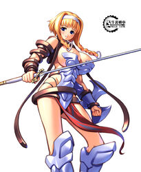  armor blonde_hair blue_eyes blush braid breasts buckle cleavage exiled_warrior_leina female gunner-l hairband large_breasts leina_(queen&#039;s_blade) queen&#039;s_blade revealing_clothes short_hair_with_long_locks side_braid solo sword twin_braids weapon 