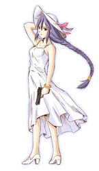  bracelet braid dress female full_body gun handgun hat jewelry melty_blood purple_eyes purple_hair simple_background sion_eltnam_atlasia solo standing sundress toshibou_(satsukisou) tsukihime weapon white_background 