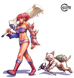  breasts cleavage felyne female green_eyes gunner-l huge_breasts midriff monster_hunter_(character) monster_hunter_(series) pink_hair short_hair solo sword weapon yian_kut-ku_(armor) 