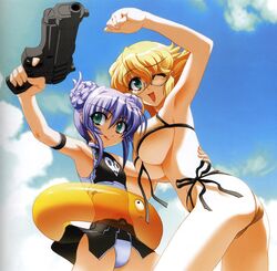  2girls al_azif bad_id bad_link bikini blonde_hair breasts day demonbane double_bun dunsany flat_chest glasses gun hair_bun handgun highres holding holding_gun holding_weapon huge_breasts innertube leica_(demonbane) moire multiple_girls nishii_(damnedrive) one_eye_closed purple_hair scan side-tie_bikini_bottom standing swim_ring swimsuit underboob weapon 