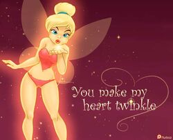  bikini blonde_hair blowing_kiss blue_eyes disney disney_fairies english_text fairy fairy_wings feet_out_of_frame female front_view furboz patreon_username peter_pan_(disney) solo tinker_bell valentine&#039;s_day wings 