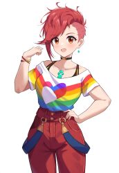  ai_generated alternate_costume alternate_hairstyle asymmetrical_hair chest_jewel choker core_crystal_(xenoblade) female flag_print jeans lgbt_pride mohawk pyra pyra_(xenoblade) rainbow_print red_hair red_pants robofun shaved_head sidecut undercut xenoblade_chronicles_2 