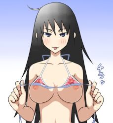  bikini bikini_top black_hair blue_eyes kitsu_tane long_hair mizugi nipples oppai sayonara_zetsubou_sensei tagme tongue 