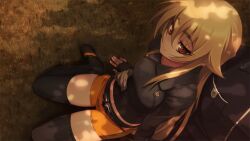  ashikaga_chachamaru blonde_hair blonde_hair female fingerless_gloves game_cg gloves hotpants long_hair namaniku_atk nitroplus orange_eyes shimapan smile solo soukou_akki_muramasa thighhighs very_long_hair zettai_ryouiki 