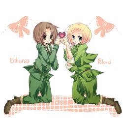  2boys axis_powers_hetalia blonde_hair brown_hair green_eyes hands holding lithuania_(hetalia) poland_(hetalia) uniform 