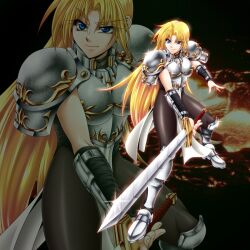  armor black_pantyhose blonde_hair blue_eyes breastplate breasts commentary_request female fighting_stance greaves janne_d&#039;arc large_breasts long_hair ootsuki_wataru pantyhose pauldrons raised_eyebrow shoulder_armor snk solo sword tabard vambraces weapon world_heroes zoom_layer 