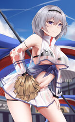  absurdres armpits azur_lane bare_shoulders black_bra black_hairband blue_sky blurry blurry_background blush bra breasts cheerleader cloud commentary cowboy_shot crop_top crop_top_overhang day eagle_union_(emblem) female flag grey_hair groin hair_between_eyes hairband hand_on_own_thigh highres holding holding_pom_poms large_breasts looking_at_viewer midriff navel official_alternate_costume parted_hair pom_pom_(cheerleading) purple_eyes purple_sash reno_(azur_lane) reno_(biggest_little_cheerleader)_(azur_lane) sash see-through see-through_skirt see-through_sleeves shirt short_hair sidelocks skindentation skirt sky sleeveless smile solo stadium standing suzishi_ovo underboob underwear 