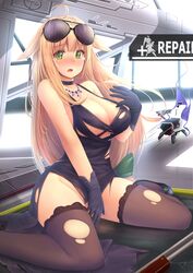  1boy anakin_sky_(utcc) areola_slip aviator_sunglasses black_dress black_gloves black_thighhighs blonde_hair blush breasts choker cleavage clothes_theft dinergate_(girls&#039;_frontline) dress dress_shoes eyewear_on_head female girls&#039;_frontline gloves green_eyes green_ribbons gun hair_ribbon highres jewelry large_breasts long_hair m1918_(girls&#039;_frontline) m1918_bar machine_gun necklace no_panties non-humanoid_robot official_alternate_costume open_mouth panties ribbon robot sangvis_ferri side-tie_panties side_slit sitting sunglasses tearing_up theft thighhighs torn_clothes underwear underwear_theft very_long_hair wariza weapon 