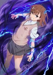  bad_id bad_twitter_id brown_eyes brown_hair brown_sweater brown_sweater_vest brown_vest commentary_request dutch_angle electricity electrokinesis emblem female grey_skirt isshi_pyuma looking_at_viewer loose_socks magnetism medium_hair metal metal_sand miniskirt misaka_mikoto photoshop_(medium) pleated_skirt psychic school_emblem school_uniform science_fiction shirt short_shorts shorts shorts_under_skirt skirt sleeveless sleeveless_sweater smile socks solo summer_uniform sweater sweater_vest toaru_kagaku_no_railgun toaru_majutsu_no_index tokiwadai_school_uniform twitter_username v-neck vest 