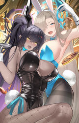  2girls animal_ears asuna_(blue_archive) asuna_(bunny)_(blue_archive) bare_shoulders black_hair black_leotard blue_archive blue_eyes blue_leotard blue_ribbon blush breasts brown_pantyhose cellphone cleavage commentary cup dark-skinned_female dark_skin detached_collar drinking_glass elbow_gloves fake_animal_ears fake_tail fishnet_pantyhose fishnets gloves hair_over_one_eye hair_ribbon halo highleg highleg_leotard highres kaji_zarame karin_(blue_archive) karin_(bunny)_(blue_archive) large_breasts leotard light_brown_hair long_hair looking_at_viewer mole mole_on_breast multiple_girls official_alternate_costume open_mouth pantyhose phone playboy_bunny ponytail rabbit_ears rabbit_tail ribbon sideboob sidelocks smile strapless strapless_leotard tail thighs tray very_long_hair white_gloves yellow_eyes 