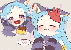  ! :3 :d animal_ear_fluff animal_ears animal_hands blue_hair blush bow closed_eyes ear_down fake_animal_ears female food fur_collar gloves grey_background hairband hairbow hand_on_another&#039;s_head hands_up headpat heart heart_in_mouth highres miyako_(halloween)_(princess_connect!) miyako_(princess_connect!) mountain_han musical_note open_mouth paw_gloves plate princess_connect! pudding purple_eyes red_bow signature simple_background smile solo spoken_blush wolf_ears 