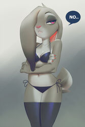  anthro bra clothing crossed_arms dialogue disney ear_over_eye english_text female judy_hopps lagomorph legwear leporid mammal miles_df one_eye_obstructed panties rabbit side-tie_panties solo stockings text underwear zootopia 