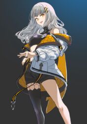  absurdres bandaid bandaid_on_face bandaid_on_nose belt black_shirt black_shorts breasts crop_top feet_out_of_frame female gradient_background grey_hair hachi_(live_union) hair_ornament hand_in_pocket highres icebell_(kourisuzuu) jacket live_union long_hair looking_at_viewer midriff off_shoulder open_mouth shirt shorts single_leg_pantyhose small_breasts smile solo standing turtleneck virtual_youtuber yellow_eyes 