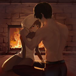  1boy black_hair black_pants brown_eyes brown_hair catcan couple female fireplace highres kougami_shin&#039;ya long_sleeves pants pantyhose psycho-pass short_hair shoulder_blades straight topless_male towel towel_on_head tsunemori_akane 