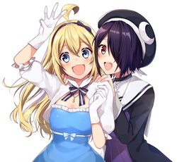  2girls ahoge aogiri_koukou bad_id bad_twitter_id black_hairband black_headwear blonde_hair blue_dress bow dress hair_over_one_eye hairband hat highres jewelry layered_dress minazuki_natsuki multiple_girls necklace official_art otodama_tamako purple_dress sailor_collar smile vanilla_(miotanntann) virtual_youtuber white_background white_bow white_sailor_collar 