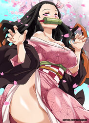  aged_up bamboo bare_shoulders bayeuxman bit_gag blue_sky blush breasts checkered_sash cherry_blossoms claw_pose commentary covered_nipples falling_petals female fingernails forehead from_below gag gagged haori japanese_clothes kamado_nezuko kimetsu_no_yaiba kimono large_breasts long_hair looking_at_viewer mouth_hold multicolored_hair no_panties obi patreon_username petals photoshop_(medium) pink_eyes pink_kimono pink_ribbon ribbon sash sharp_fingernails side_slit sky solo thighs tree 