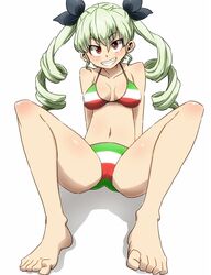  anchovy_(girls_und_panzer) aono3 arm_support barefoot bikini black_ribbon breasts commentary drill_hair feet female flag_print full_body girls_und_panzer grin hair_ribbon head_tilt highres italian_flag italian_flag_bikini italian_flag_print leaning_back legs long_hair looking_at_viewer medium_breasts navel print_bikini print_swimsuit red_eyes ribbon shadow simple_background sitting smile solo swimsuit toes twin_drills twintails white_background 