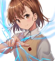  blush brown_eyes brown_hair brown_sweater brown_sweater_vest brown_vest closed_mouth collared_shirt commentary_request dress_shirt electricity electrokinesis emblem female fingernails hair_between_eyes hiroki_(hirokiart) looking_at_viewer medium_hair misaka_mikoto psychic school_emblem school_uniform shirt short_sleeves simple_background sleeveless sleeveless_sweater smile solo summer_uniform sweater sweater_vest toaru_kagaku_no_railgun toaru_majutsu_no_index tokiwadai_school_uniform upper_body v-neck v-shaped_eyebrows vest white_background white_shirt 