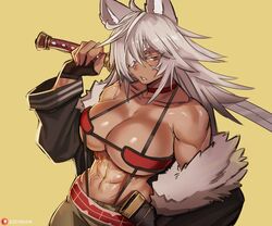  abs animal_ears bandeau belt breasts cat_ears choker cowboy_shot dark-skinned_female dark_skin eyepatch ezzydraws female fur_trim ghislaine_dedoldia green_pants highres muscular muscular_female mushoku_tensei one-eyed open_belt pants red_choker scar scar_on_cheek scar_on_face scar_on_stomach sword underwear weapon white_hair yellow_background 