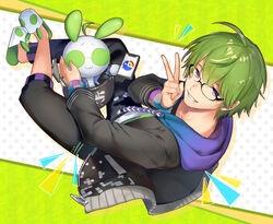  1boy absurdres ahoge animal_ears ayamori_mimi commentary full_body green_hair grin highres hood hood_down hoodie looking_at_viewer looking_up male_focus nijisanji purple_eyes rabbit rabbit_ears shibuya_hajime shibuya_hajime_(1st_costume) shirt sitting slippers smile solo v virtual_youtuber zipper zipper_pull_tab 