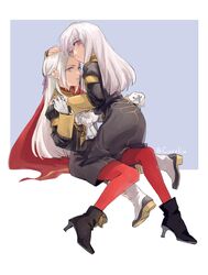  2girls ascot bad_id bad_twitter_id blonde_hair blue_eyes blush cape closed_mouth commentary edelgard_von_hresvelg english_commentary epaulettes fenegar fire_emblem fire_emblem:_three_houses garreg_mach_monastery_uniform gloves hair_ornament hair_ribbon highres long_hair long_sleeves looking_at_viewer lysithea_von_ordelia multiple_girls pantyhose pink_eyes purple_eyes red_cape ribbon simple_background uniform upper_body white_background white_hair 