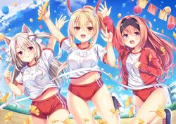  3girls :d animal_ear_fluff animal_ears arm_up ayanami_(azur_lane) azur_lane balloon black_footwear black_legwear blonde_hair blue_sky blush breasts brown_eyes buruma closed_mouth cloud commentary_request day finish_line ginkgo_leaf ginkgo_tree gym_shirt gym_shorts gym_uniform hair_between_eyes headgear high_ponytail highres holding jacket kneehighs leaf light_brown_hair long_hair long_sleeves medium_breasts multiple_girls name_tag navel open_clothes open_jacket open_mouth outdoors outstretched_arm pink_hair ponytail purple_eyes red_buruma red_jacket red_shorts relay_baton round_teeth shirt shoes short_eyebrows short_shorts short_sleeves shorts sky sleeves_past_wrists smile socks sports_festival standing standing_on_one_leg stanly_(azur_lane) string_of_flags tail teeth thick_eyebrows track_jacket umitonakai upper_teeth_only very_long_hair white_footwear white_shirt wolf_ears wolf_girl wolf_tail yuudachi_(azur_lane) 