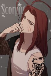  1boy antenna_hair cigarette commentary_request english_text grey_background highres jacket long_hair looking_at_viewer male_focus off_shoulder red_eyes red_hair sagold saiyuki scar scar_on_face sha_gojou shirt smoking solo star_(symbol) tattoo upper_body white_shirt 