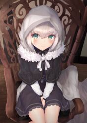  black_skirt blush chair cloak commentary fate/grand_order fate_(series) female from_above fur_trim gray_(fate) green_eyes grey_hair hair_between_eyes highres hood hood_up long_hair long_sleeves looking_at_viewer lord_el-melloi_ii_case_files reuri_(tjux4555) short_hair sitting skirt solo 