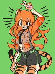  5_fingers anthro clothed clothing felid female fingers fur gesture green_background hair hand_gesture hi_res kemono long_hair mammal open_mouth open_smile orange_body orange_fur orange_hair pantherine rye-beer simple_background smile solo standing teeth tiger v_sign 