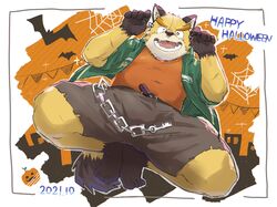  2021 anthro biped black_nose bottomwear brown_body canid canine canis clothing costume domestic_dog halloween halloween_costume halloween_decoration hi_res holidays humanoid_hands kemono male mammal nekodon_san shirt shorts solo topwear 