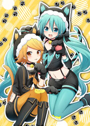  2girls :3 animal_ears animal_hands animal_hood aqua_eyes aqua_hair aqua_necktie black_choker black_jacket black_ribbon black_shorts blonde_hair blush cat_ears cat_paws cat_tail choker commentary crop_top fish fur-trimmed_hood fur_trim green_ponpoko_(module) hair_ribbon hands_up hatsune_miku heart hood jacket kagamine_rin kneehighs kneeling knees_up kunoichi_demo_koi_ga_shitai_(vocaloid) long_hair multiple_girls neckerchief necktie open_mouth orange_eyes orange_konkon_(module) orange_neckerchief pantyhose paw_pose paw_print project_diva_(series) ribbon short_hair short_shorts shorts sitting smile socks striped striped_necktie sudachi_(calendar) suspenders tail tongue tongue_out twintails v-shaped_eyebrows very_long_hair vocaloid yellow_background zipper 