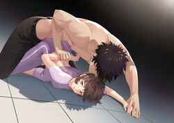  1boy arm_behind_back black_hair black_pants brown_eyes brown_hair catcan closed_mouth crop_top dutch_angle female head_pinned_down highres holding_another&#039;s_wrist holding_hands kougami_shin&#039;ya manly midriff pants psycho-pass purple_pants short_hair short_sleeves smile submission_hold topless_male tsunemori_akane white_sleeves wrestling 