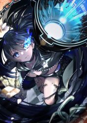  absurdres bad_id bad_pixiv_id belt belt_buckle bikini bikini_top_only black_bikini black_choker black_coat black_hair black_ribbon black_rock_shooter black_rock_shooter_(character) black_shorts blue_eyes boots breasts buckle chains checkered_floor choker cleavage closed_mouth coat collarbone female flaming_eye front-tie_bikini_top front-tie_top hair_between_eyes highres hood hood_down hooded_coat knee_boots long_hair medium_breasts open_clothes open_coat ribbon short_shorts shorts shunka_tunacan solo swimsuit twintails unzipped very_long_hair white_belt 