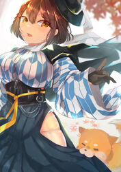  autumn_leaves azur_lane baltimore_(ace&#039;s_travel_journal)_(azur_lane) baltimore_(azur_lane) black_gloves black_hat breasts brown_hair canine chains fedora female gloves hair_between_eyes hakama hakama_skirt hat high-waist_skirt japanese_clothes large_breasts leaf long_skirt lucky_daikichi maple_leaf medium_hair meiji_schoolgirl_uniform official_alternate_costume scarf shiba_inu skirt solo white_scarf wide_sleeves yagasuri yellow_eyes 