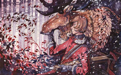  2012 a_redtail&#039;s_dream acrylic_painting_(artwork) antlers arrow_(weapon) brown_body brown_fur clothed clothing crossbow crossbow_bolt deer duo feral forest fur gloves handwear hannu_viitanen holding_crossbow holding_object holding_weapon horn human light_body light_skin male mammal minna_sundberg mixed_media moose neck_tuft new_world_deer outside pen_(artwork) plant quiver_(object) ranged_weapon text traditional_media_(artwork) tree tuft ville_(a_redtail&#039;s_dream) watercolor_(artwork) weapon 